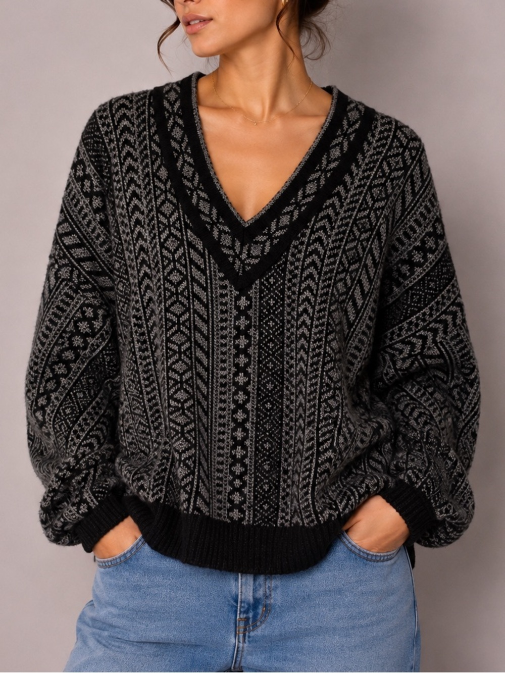 Vintage V-Neck Sweater Oversized Grandpa Sweater Gray & Black Warm Cozy Fall